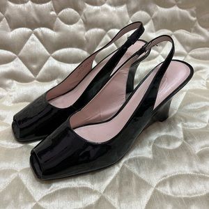 Talbots Women’s Leather Uppers Black Heels 8.5 Elegant Open Toe Wedges Peep Toe